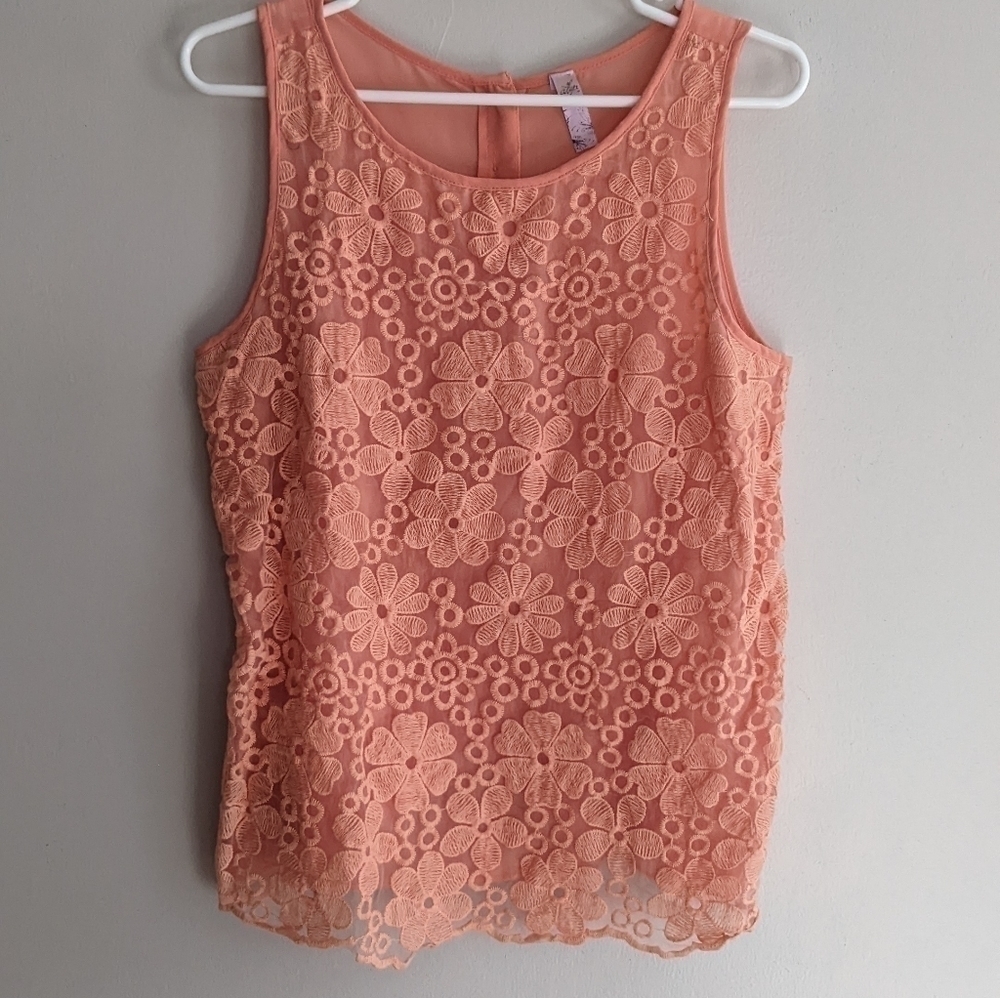 𝅺ALYA Coral Floral Lace Mock Neck High Low Sleeveless Blouse Medium